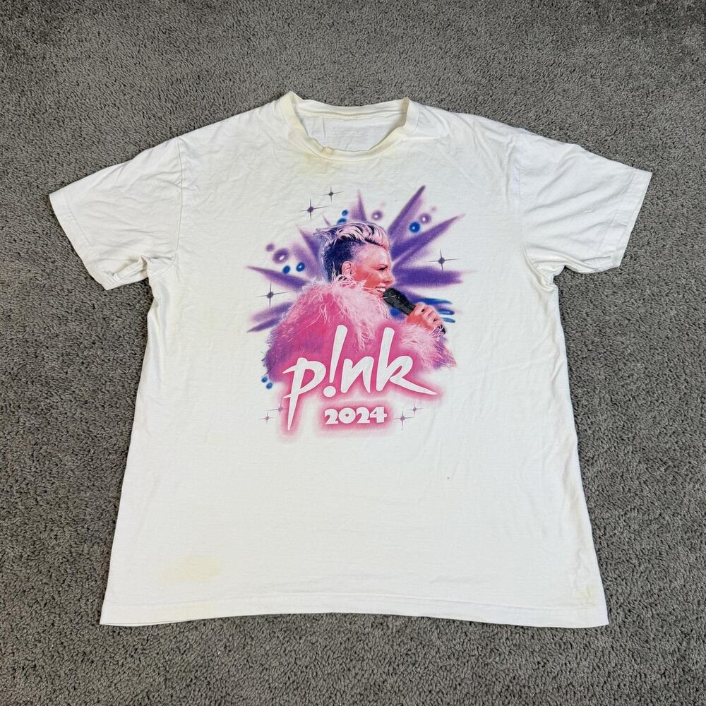 P!nk Shirt Mens XL White 2024 Tour Concert Graphic Crew Neck Cotton Tagless